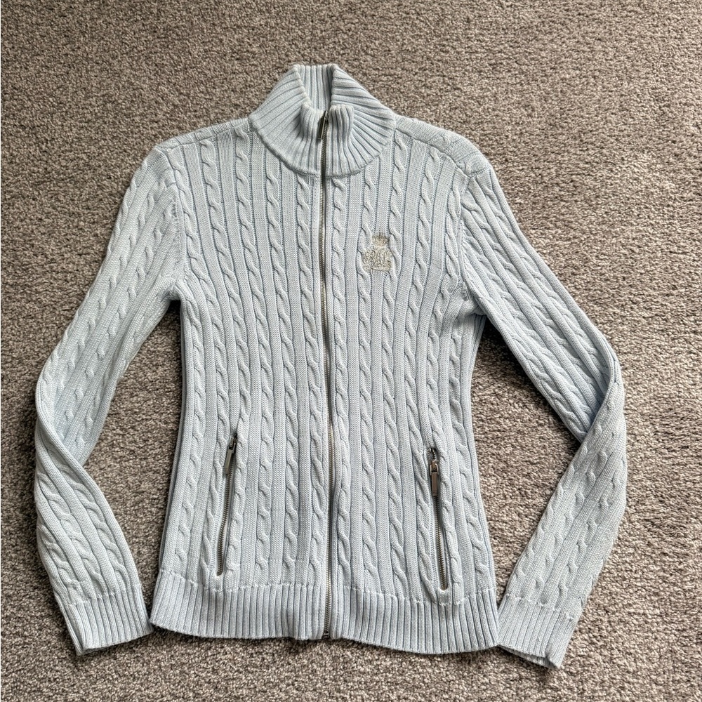 Ralph Lauren Sky Blue Cable Knit Cardigan with Silver logo and Zipper Details